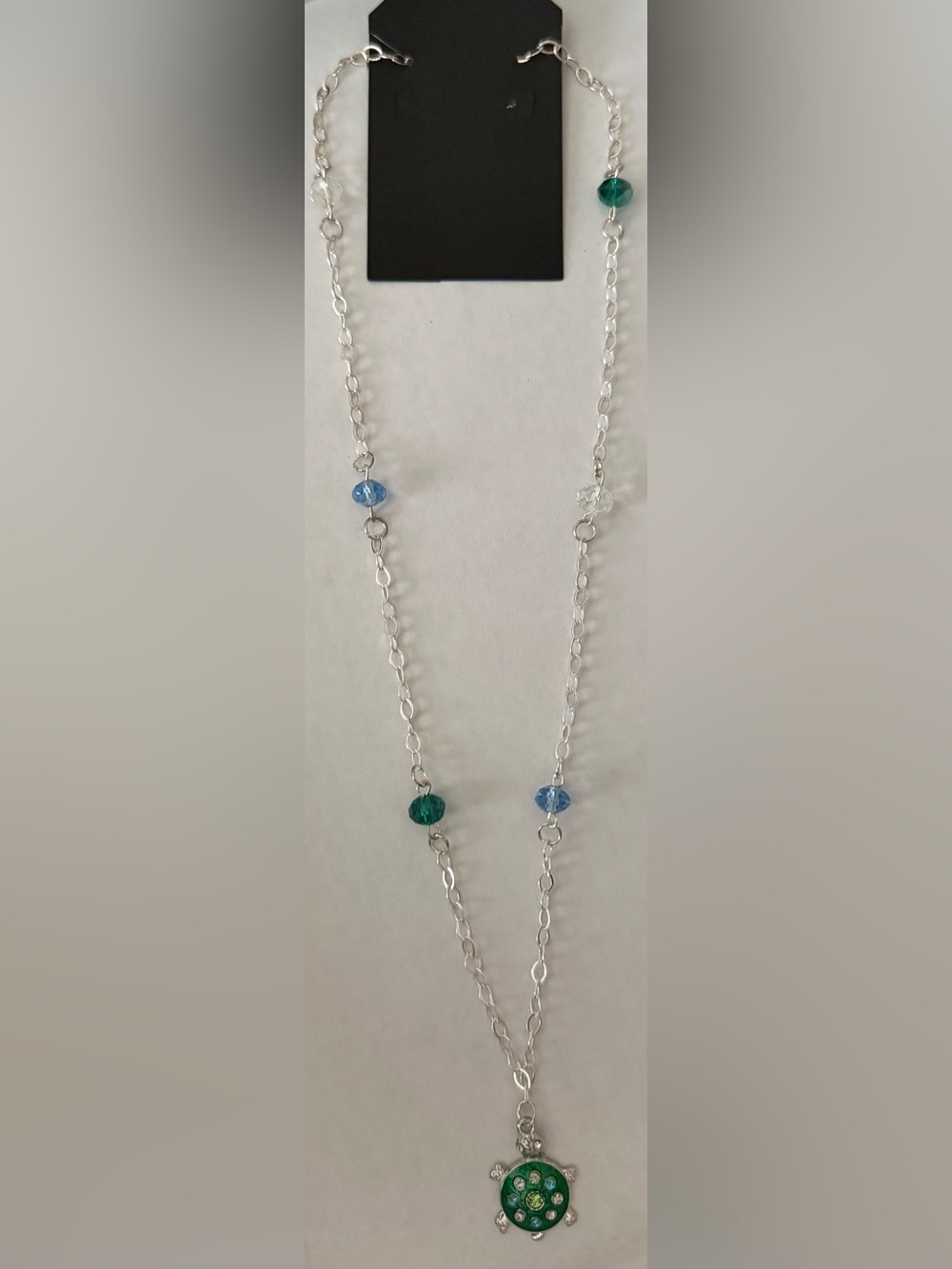 Silver Chain Necklace & Green Turtle Swarovski Crystal Pendant - Beaded Accents